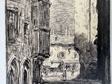 a black and white drawing of a street with a clock tower