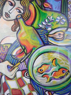 tableau représentant une femme tenant une assiette contenant du poisson