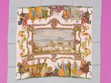 a picture of a square scarf with a picture of a town on it