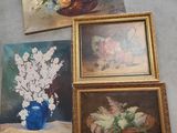 four paintings of flowers in a vase and a vase of flowers on the floor