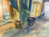 une aquarelle représentant un seau et un autre seau posé par terre