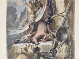 tableau représentant un homme à cheval avec un oiseau sur le dos
