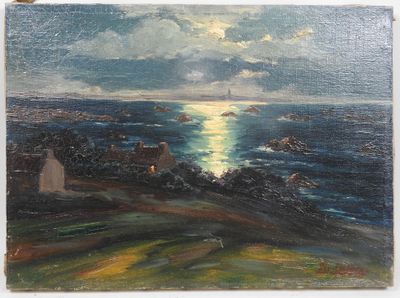 une peinture à l'huile représentant une vue sur l'océan avec un phare au loin