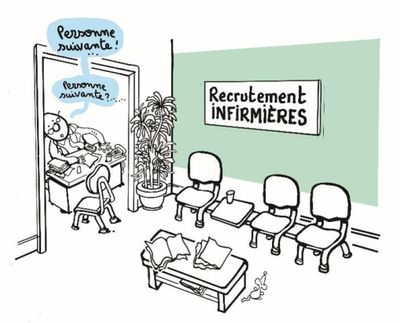 un dessin humoristique représentant une pièce avec des chaises et une pancarte