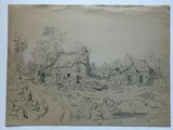 dessin au crayon représentant une scène de vie à la ferme avec un cheval tiré par un homme