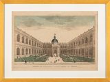 an old drawing of a courtyard with a fountain and a clock tower