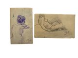 two drawings of a woman laying on a bed next to a drawing of a man