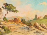 a painting of a tree on a hill with a building in the background