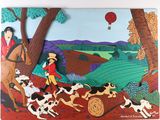 une photo d'un tableau représentant un homme à cheval accompagné de chiens