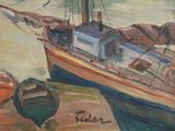 a painting of a boat that is sitting in the water