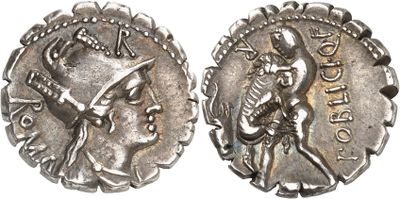 a silver coin with an image of a man and a woman on it