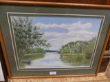 painting of a river scene with a boat and trees in the background