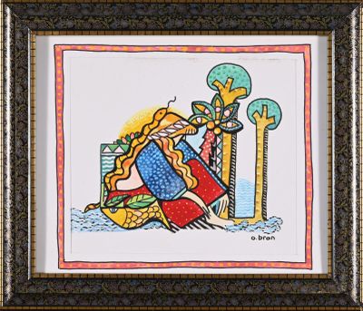 tableau encadré représentant une femme assise sur un banc