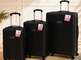 trois bagages posés sur un parquet, à côté d'une plante