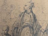 drawing of a man and a child standing in front of a building