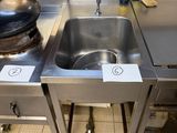 two sinks in the kitchen with a bowl on top of them