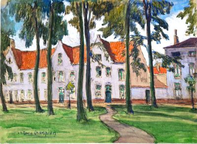 peinture représentant une maison dans un parc avec des arbres et un sentier