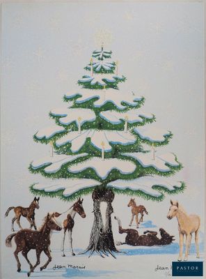 tableau représentant un sapin de Noël avec des chevaux et un chien dans la neige