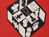 une image représentant une photo en noir et blanc d'une boîte rouge sur laquelle sont disposées des pièces d'échecs