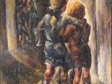 une peinture à l'huile représentant un groupe d'enfants marchant dans une rue