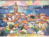 painting of a view of a town with a clock tower in the distance