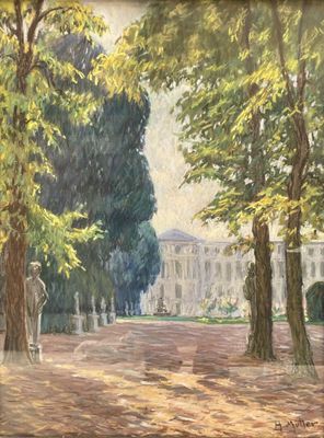 an image of a painting of a park with trees and a building in the background