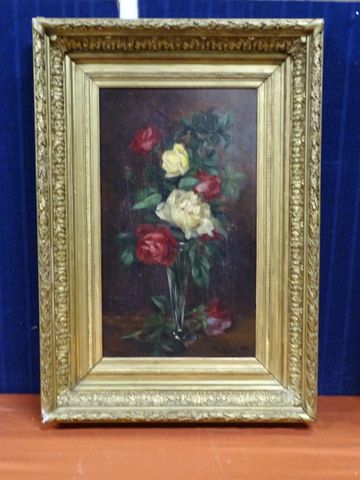 B. RIFFAUD (19ème – 20ème) « Roses dans un soliflore ». Huile sur...