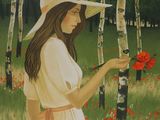 an image of a woman in a white hat holding a red rose