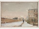 tableau représentant une personne marchant dans une rue enneigée devant un immeuble