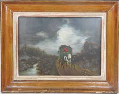 une peinture à l'huile représentant une calèche tirée par des chevaux avançant sur une route de campagne
