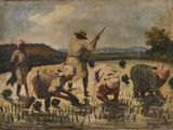 tableau représentant un groupe d'hommes accompagnés d'animaux dans un champ