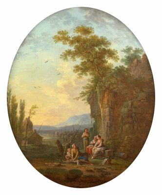 une image d'un tableau représentant un groupe de personnes dans un cadre boisé