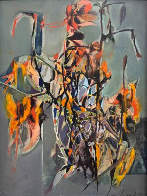peinture abstraite représentant un vase de fleurs sur fond gris