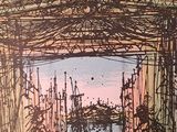 a picture of a drawing of a man walking through a gate