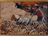 un tableau représentant un homme labourant un champ avec un cheval