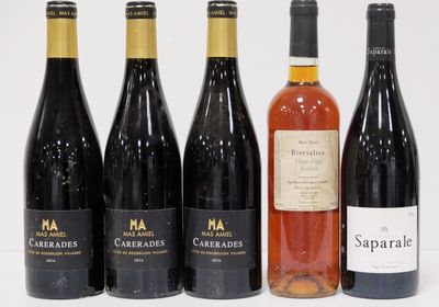 six bottles of wine are lined up in a row on a white surface