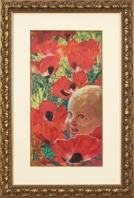 une image représentant un tableau où l'on voit un enfant dans un champ de coquelicots rouges