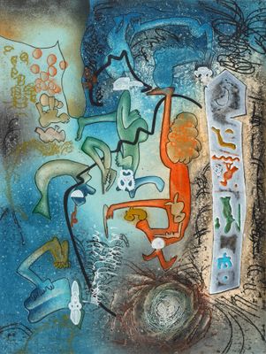abstract painting of a group of people and animals on a blue background