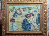 a painting of a group of people sitting on a bench