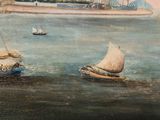 a painting of boats on the water with a castle in the background