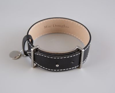 black leather dog collar with white stitching and a metal clasp