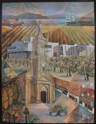 painting of a view of a town with a church and a vineyard