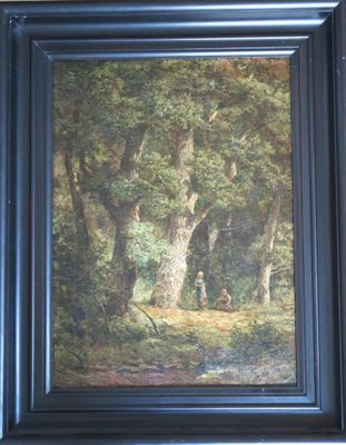 tableau représentant une scène forestière avec un homme et un chien dans les bois