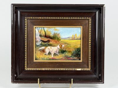 une peinture à l'huile représentant un chien blanc et un chien marron dans un champ