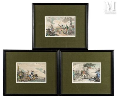 trois reproductions encadrées représentant un groupe de personnes à cheval