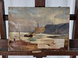 une photo d'un tableau posé sur un chevalet, avec un bateau dans l'eau