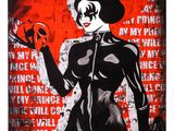 a painting of a woman in a black and white outfit holding a red ball