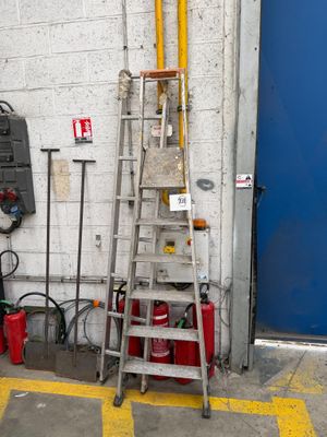 a ladder leaning against a wall next to a fire hydrant