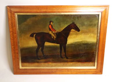 une peinture à l'huile représentant un homme à cheval dans un paysage