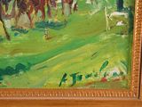 a painting of a horse race going down a hill